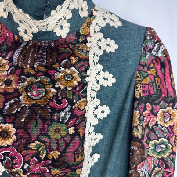 VTG RARE 1969 Gunne Sax California Green Floral Renaissance Maxi Dress Cottage - Picture 4 of 13